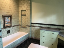 Bathroom Tiles - Seafoam Green and Black  with Backsplash and Greek-Key Liner