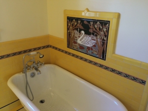 Lotus Pond Mural with Adana 2x6 Liners and Yellow Field Tile - Bathroom Tiles