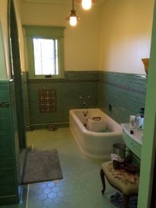 Adana 2x6 Deco Liners and Green Field Tiles with Carmel Mural - Bathroom Tiles