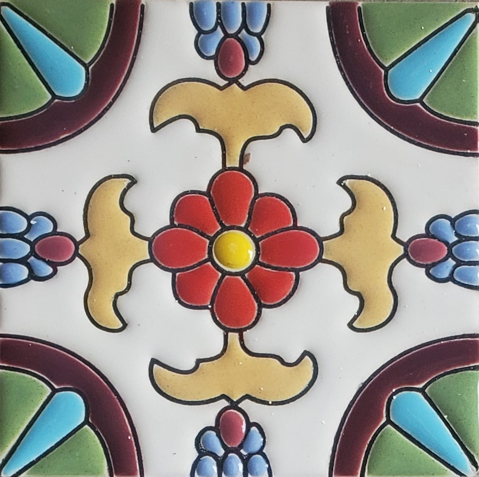 Porcelain pool tile - red, green yellow and blue with white background