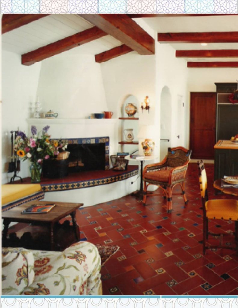Spanish House fireplace with deco tiles surround and tile inserts on the floor