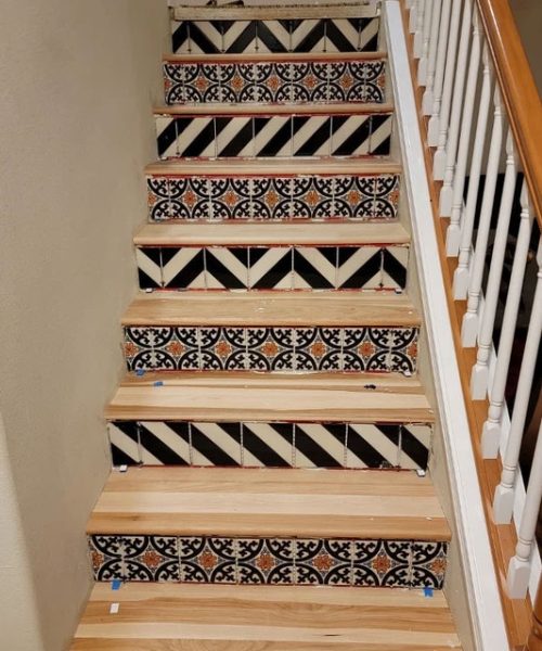 Strip and floral deco tile stair risers